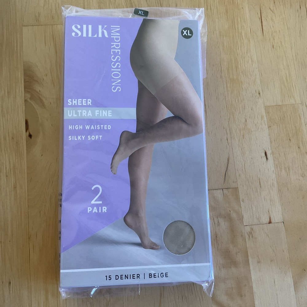 Silk Impressions ~ 2 Pair Pantyhose Beige 15 Denier Sheer Ultra Fine XL